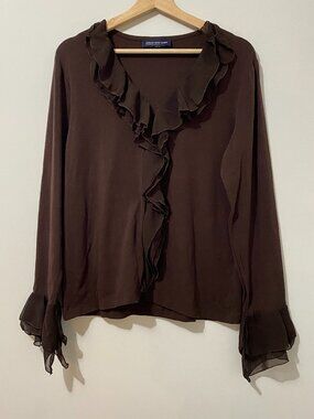 Y2K Chocolate Brown Ruffle Collar Blouse Top Whimsigoth Fairy Grunge Chiffon